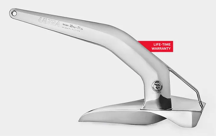The Ultra anchor in polished 316L stainless steel, showing the hollow shank and the lead-weighted tip that gives it a low centre of gravity.