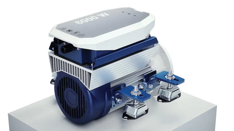 A VETUS 8000 W electric drive unit sits on a white studio background, its motor housing, mounting brackets and cooling fins shown in isolation.