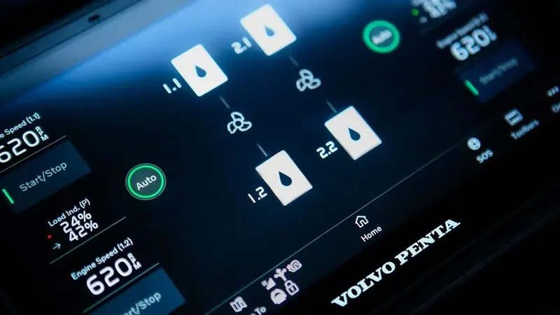 The IPS helm display, showing joystick docking, load percentage and engine speed for both drives from one touchscreen.