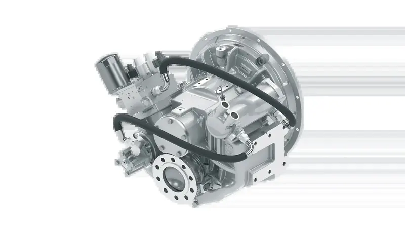 A ZF400A marine transmission on a white background, the compact bell housing and dual output flanges used behind small and medium diesels