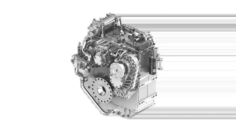 A ZF 5300 fast-craft gearbox, a heavier finned casing built for the higher torque loads of performance planing hulls