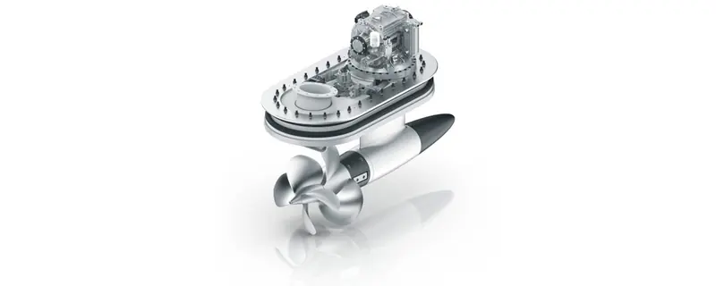 ZF's own cutaway illustration of a POD4900 drive unit, showing the electric motor stacked above the slewing ring, driveshaft and twin counter-rotating propellers
