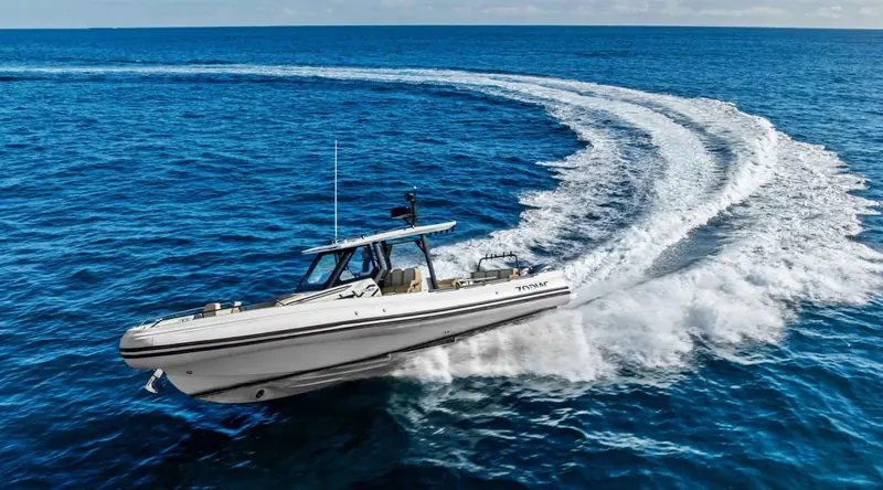 A Zodiac Yachtline running hard, the RIB range Zodiac Nautic builds for tender and day-boat use.