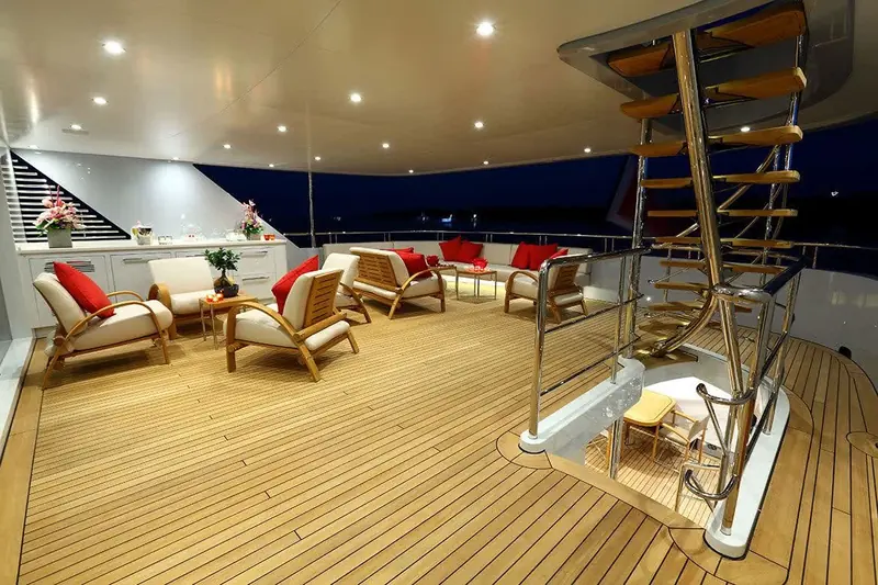 The aft deck lounge aboard 2 Ladies, part of the yacht's original Tommaso Spadolini interior.