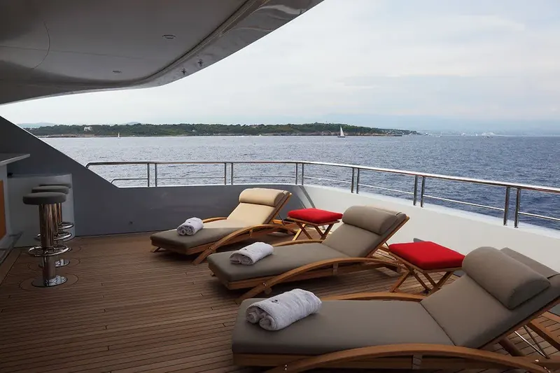 Sunloungers on 2 Ladies' new teak decking, replaced across all exterior decks during the Adria Docks refit.
