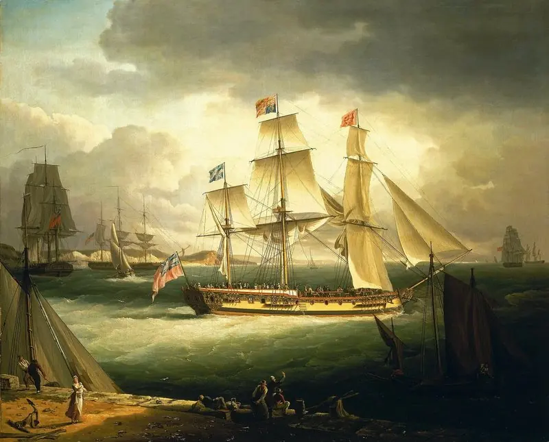 An 1809 painting by John Thomas Serres of the royal yacht Royal Sovereign wearing the Royal Standard and a red ensign