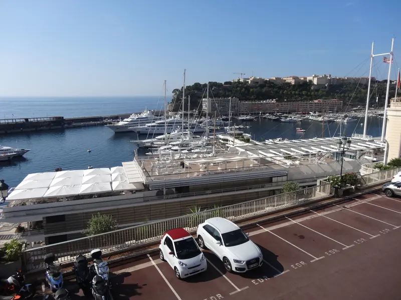 A cruise liner and a run of moored superyachts share Port Hercule below the Rock of Monaco.