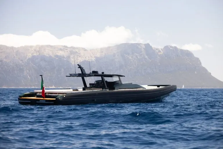 Novamarine's Black Shiver 200, at 20.1 metres the current flagship of the range the 26-metre BS 260 will top, seen from above at anchor.
