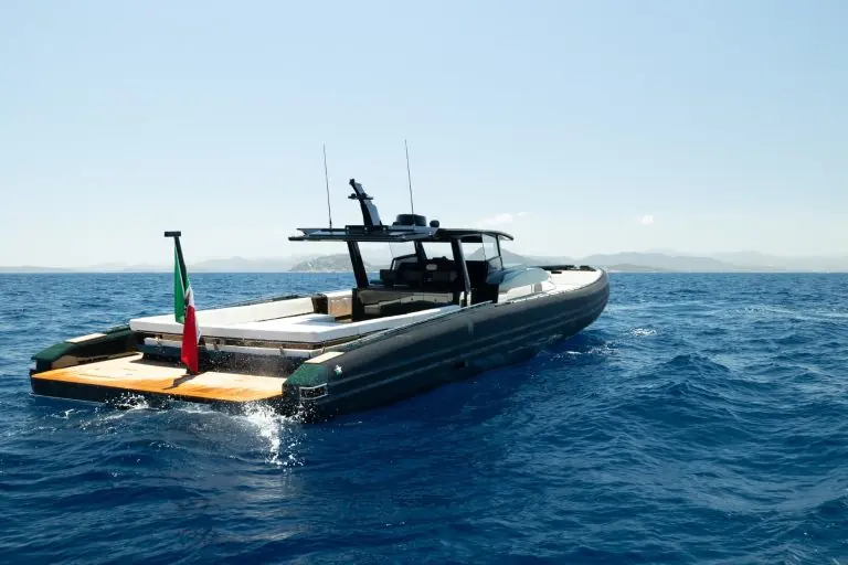Running a Mediterranean coastline in low evening light. Novamarine builds the Black Shiver range at its yard in Fiumicino, near Rome.