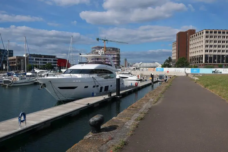 A Princess 75 motor yacht berthed at a pontoon in Millbay marina, Plymouth