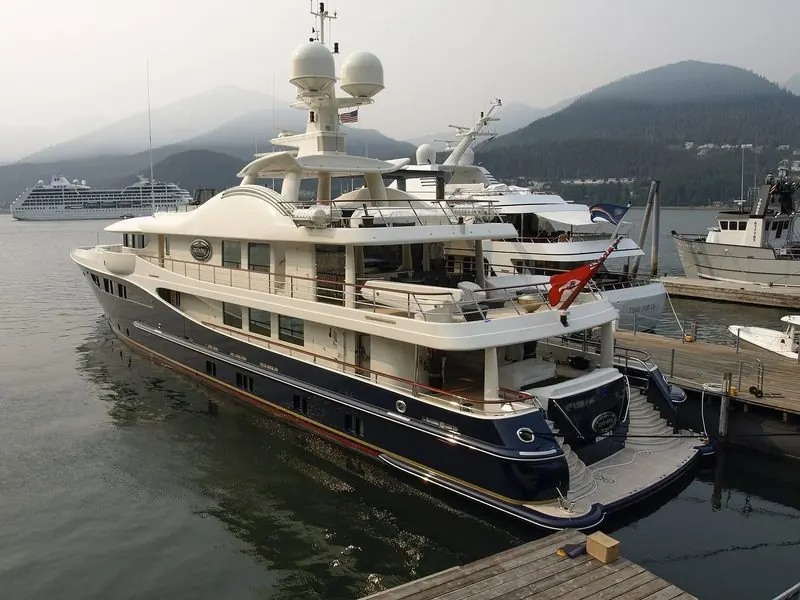 The 52-metre Amels motor yacht Deniki at the dock in Juneau, Alaska, seen from her stern quarter