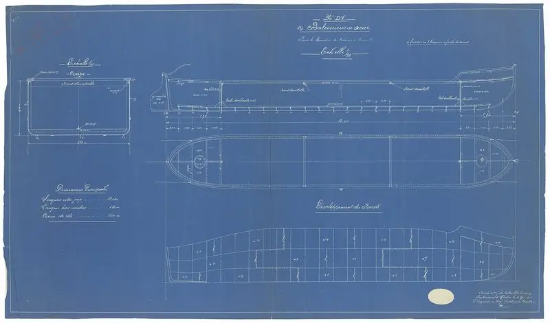 A 1912 shipyard drawing from Cockerill Yards detailing the lines and plating of steel workboats